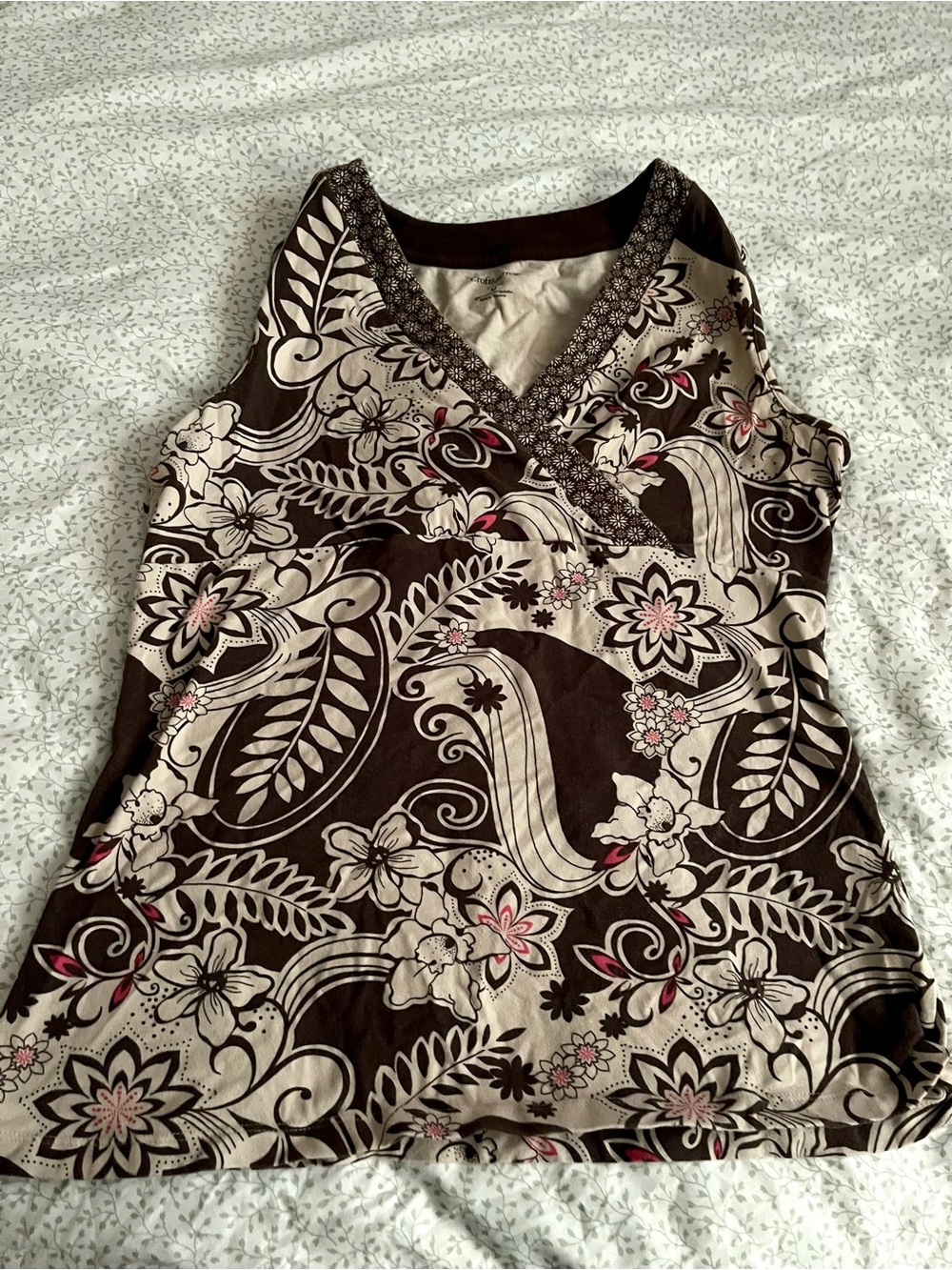 Brown Floral V-Neck Sleeveless Women's Top